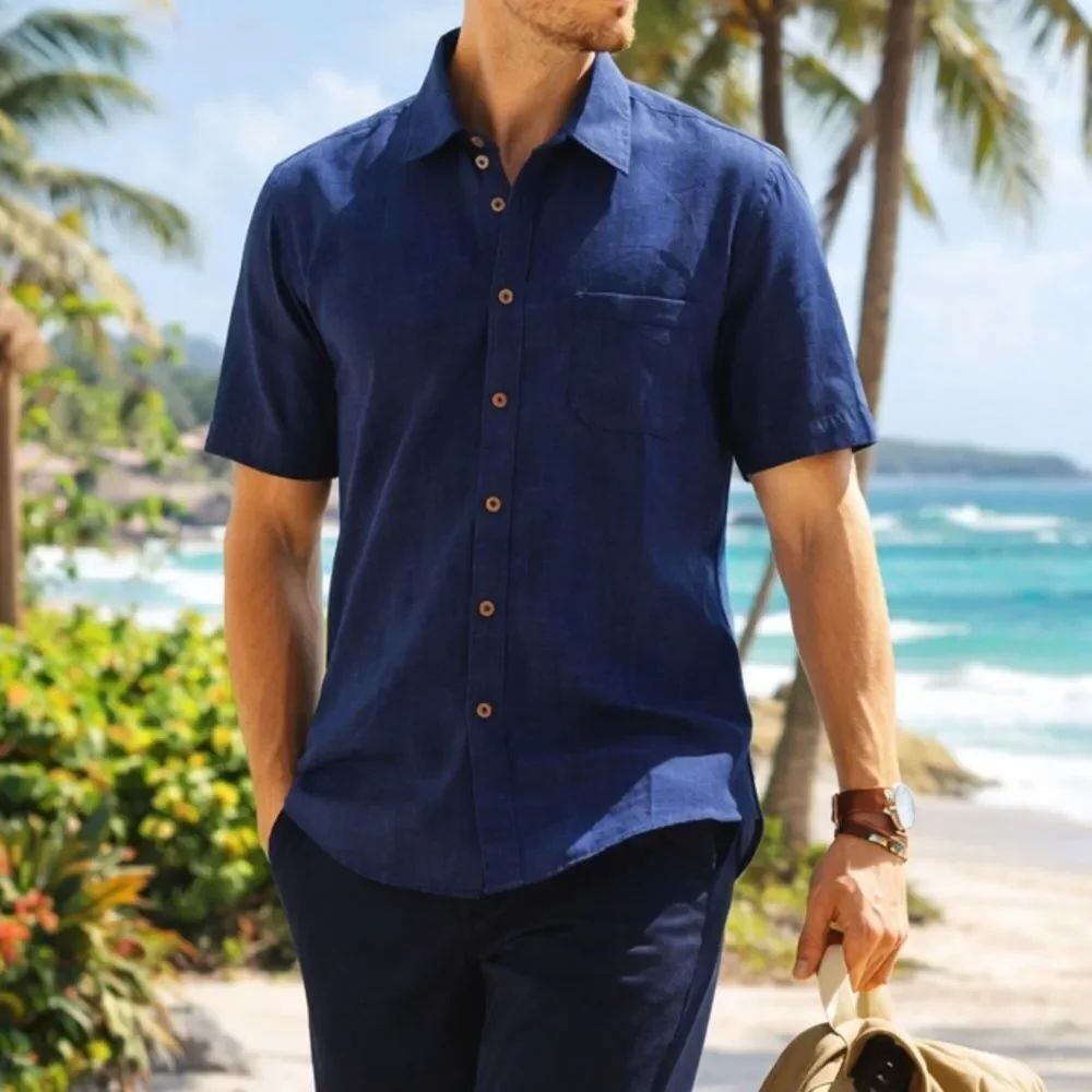 Novi Collection 100% Linen Button Up Shirt XXL Blue Tropical Resort Casual Men’s